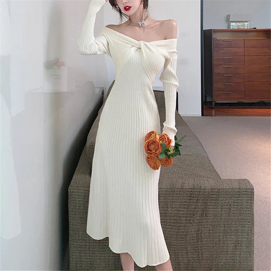 nvxiot-Elegant Vintage Knitted Evening Dress for Women Autumn Winter Fashion Long Sleeve Slim Dresses Knit Sweater Lady Clothing 2023