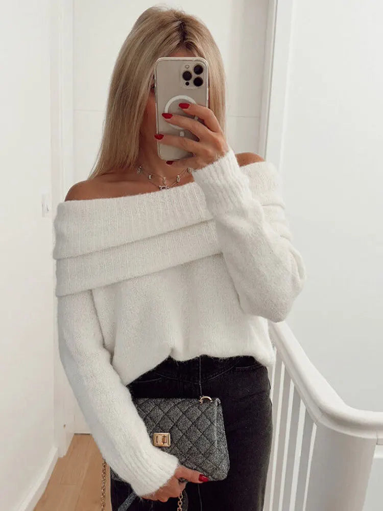 nvxiot Women Sexy Slash Neck Pullover Sweaters Long Sleeve Off Shoulder Cropped Knitted Top Female Elegant  Autumn Solid Knitwear