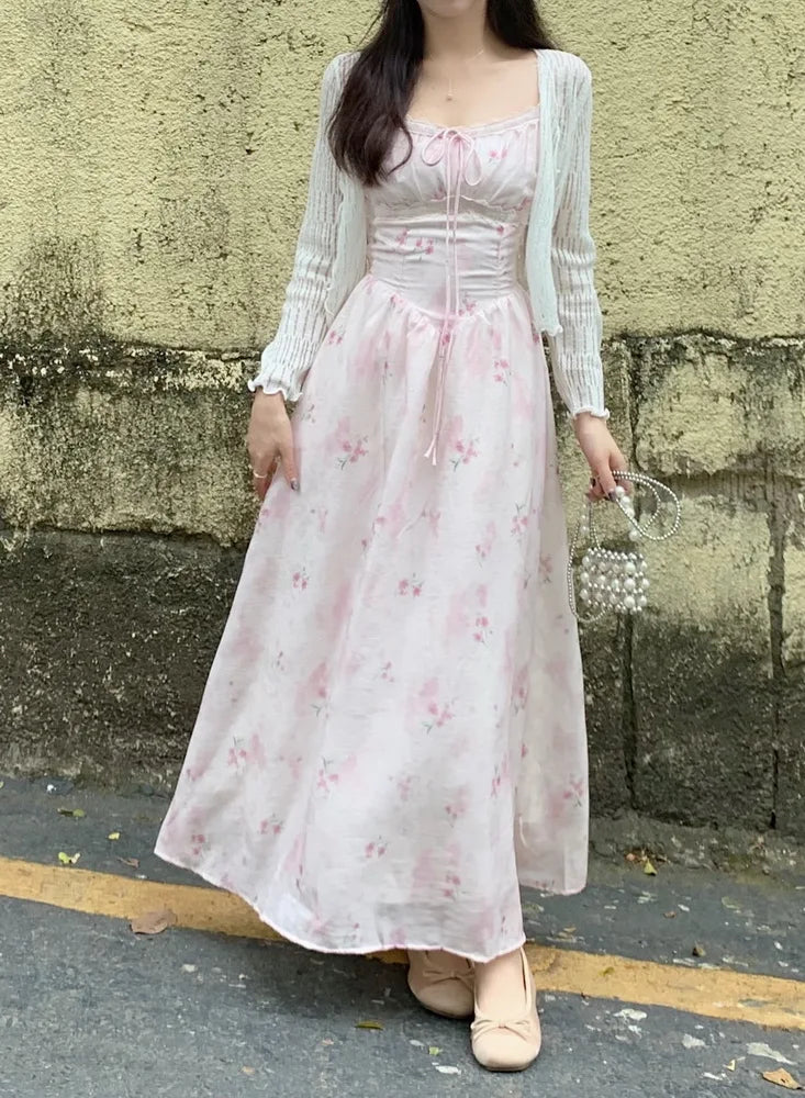 nvxiot  -  Large pink suspender long dress 2024 summer new French gentle and sweet floral waist cinched dress for women beach style