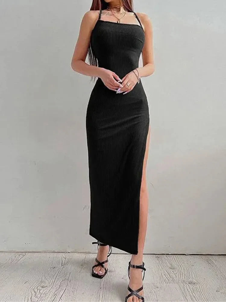 nvxiot Sexy Black Long Bodycon Dress Women Summer Sleeveless Blackless Halter Neck Spaghetti Strap Dresses High Split Vestidos