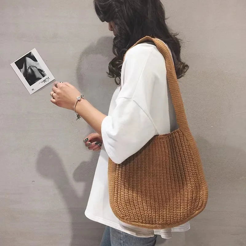 nvxiot Fashion Knitted Shoulder Bags Autumn & Winter Style Solid Color Women Handbags INS Design Weave Bags for Female Ladies Big Tote