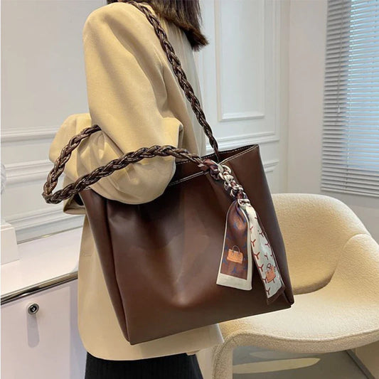 nvxiot PU Leather Shoulder Bags Women Handbags Personality Knitted Strap Design Fashion Female Ladies Big Tote Bags Black/Brown/Khaki