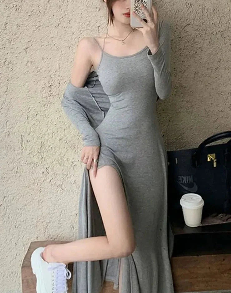 nvxiot-CLUB OUTFITS Two Pieces Sets Women Elegant Streetwear Hooded Jackets Side-slit Dresses Spring New Hotsweet Sexy Korean Style Casual Fashion