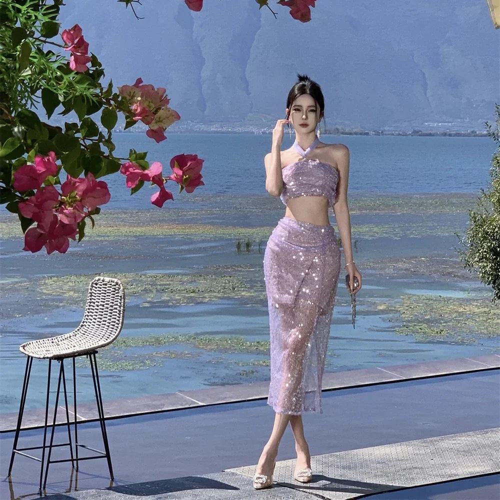 nvxiot-2024 New Summer Purple Sequin Set for Women Sexy Split Half-body Dress Beach Holiday Casual Elegant 2 Pieces Female Clothing