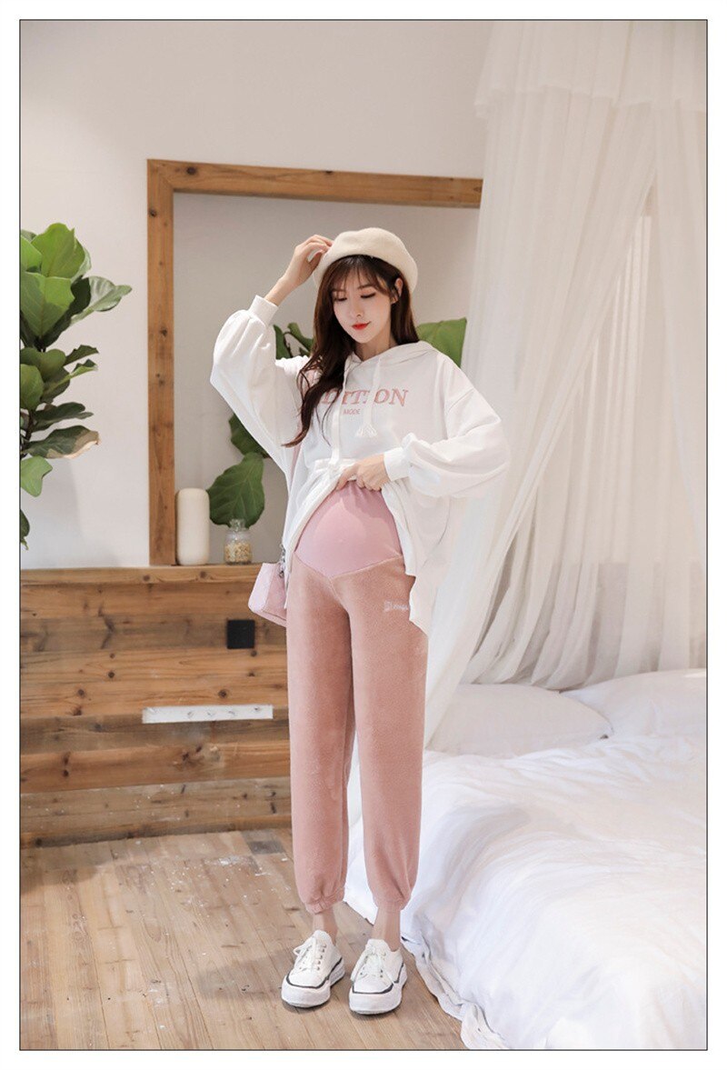 Winter Warm Maternity Pants Flannel Pregnancy Leggings Solid Color Pants Elastic Pregnant Women Trousers Pregnancy Clothes