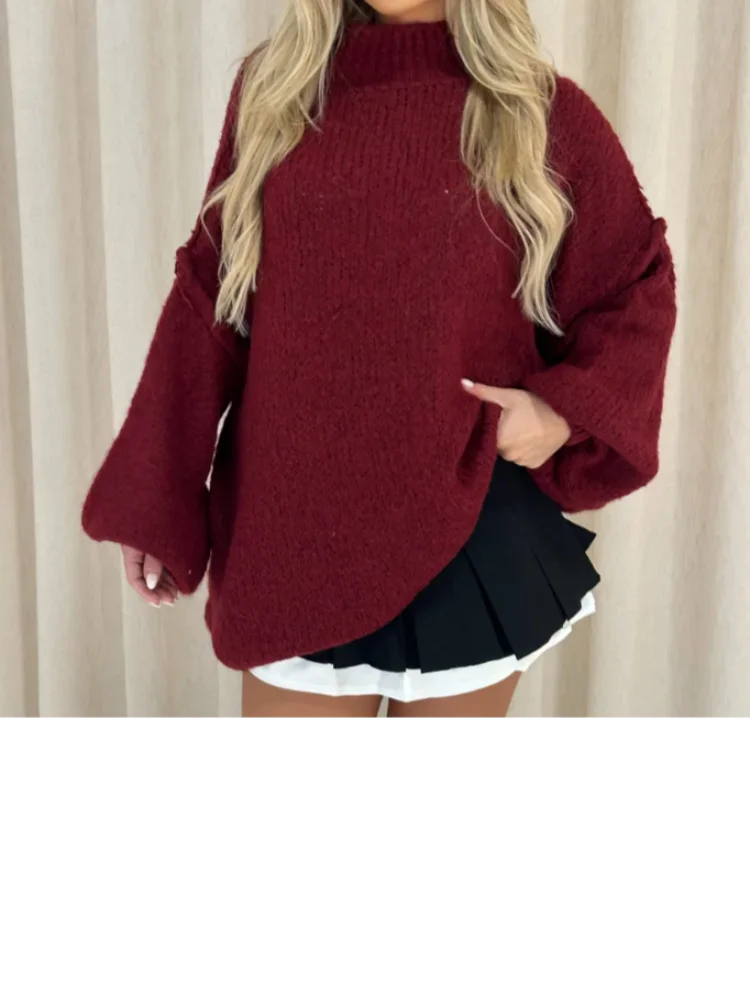 nvxiot  -  Red Solid Women's O Neck Long Sleeves Knit Sweater Pullover 2024 Autumn Chic Women Casual Loosen Sweater New Lady Warm Jumpers