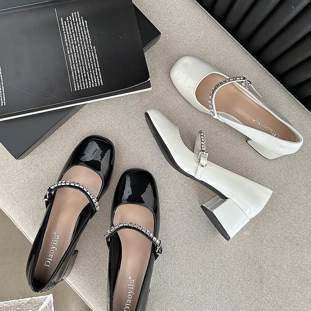 nvxiot Patent Leather Women Pumps Shallow Slip On Rhinestone Crystal Chain Black White Autumn Sping Thick High Heels Office Pumps 35-39