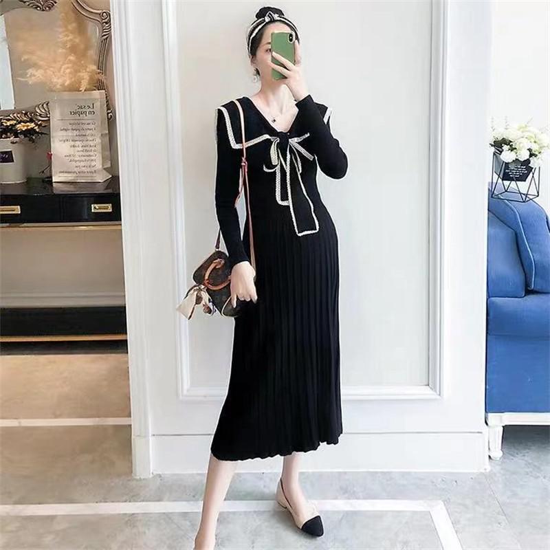 Maternity Dresses Knitted Pleated Long Pregnancy Dress Casual Loose Lace bow Maternity Clothes For Pregnant Women 2022 Autumn