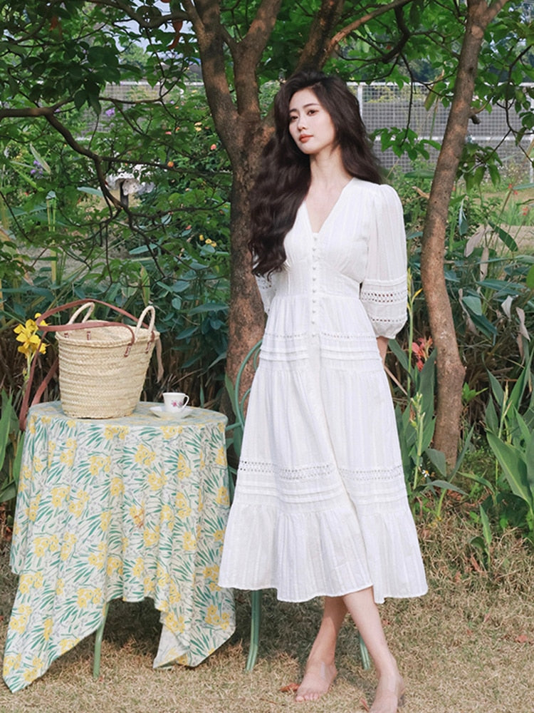 nvxiot  Elegant Chic Summer Midi Dress Hollow Out Tiered Cotton White Blue Green Spring Holiday Women  Ladies Dresses Vestidos