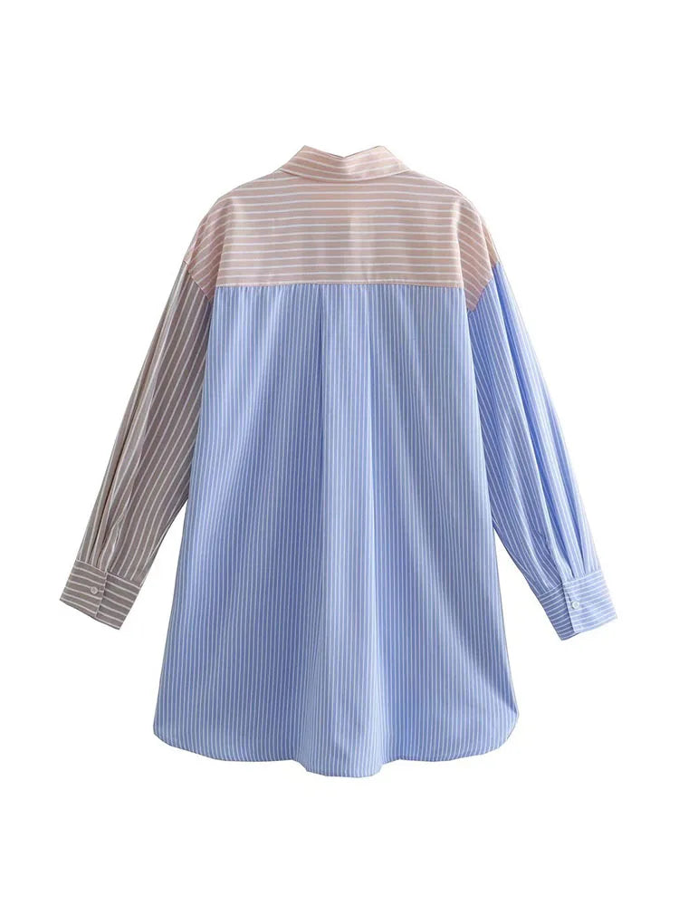 nvxiot  -  Women Shirt 2022 New Contrast Color Striped Long Loose Oversized Coats Ladies Fashion Casual Beach Vacation Chic Shirts