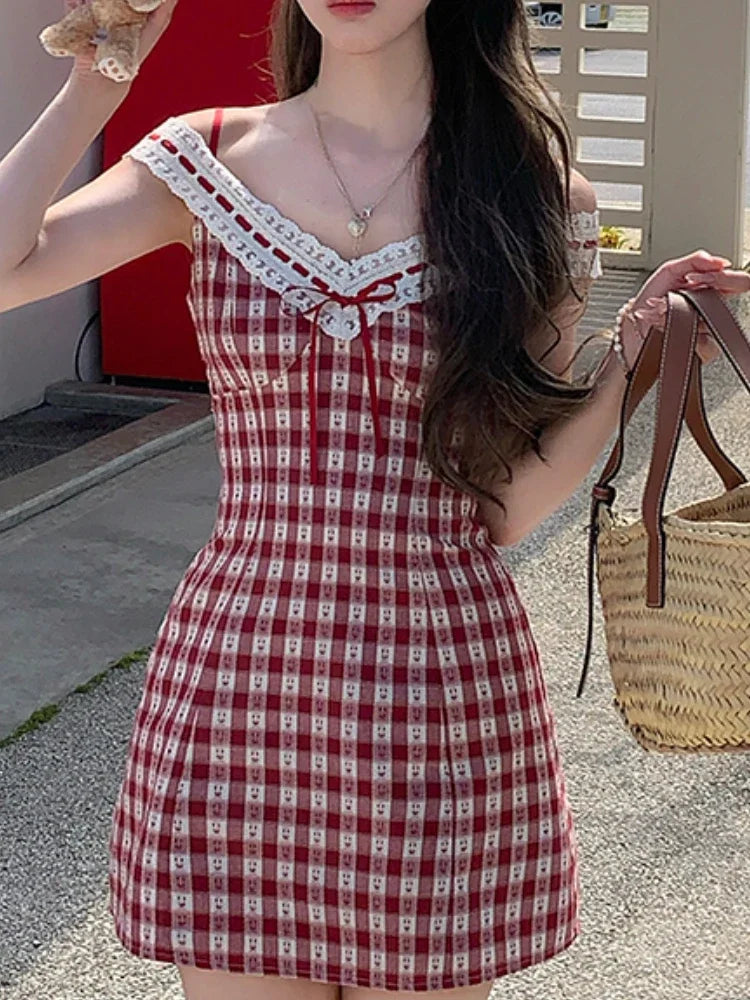 nvxiot Stylish Japanese Plaid Kawaii Strap Dress Women Lace New Korean Casual Y2K Mini Dress Female V-neck High Waist Cute Clothes 2024 Summer