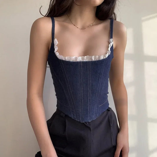 MQTIME  -   Summer Women New Sexy Off Shoulder Crop Tops Camisole Indie Sleeveless All-match Blue Camis Female New Solid Color Tops Y2k