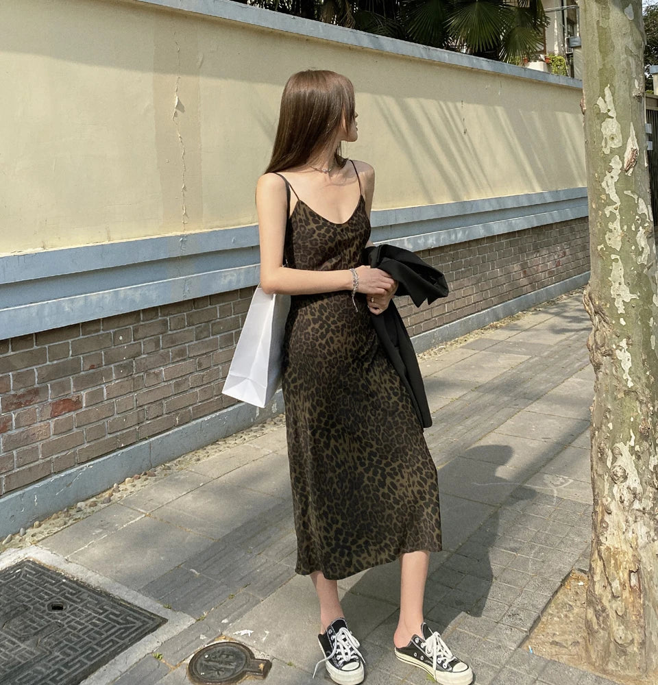 MQTIME  -  2024 Summer New V-Neck Sexy Leopard Pattern Suspender Strap Women's Off Shoulder Slim Fit French Long Dress Bottom Dress