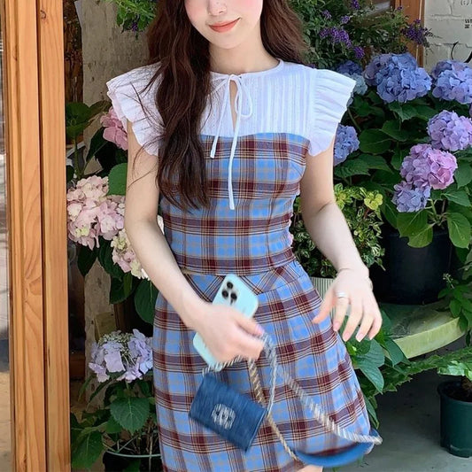 nvxiot  -  New Summer Trend Sweet Patchwork Lacing Slim O-neck Short Sleeve Two-piece Suit Femme Young Style Sexy Pleated A-line Skirt