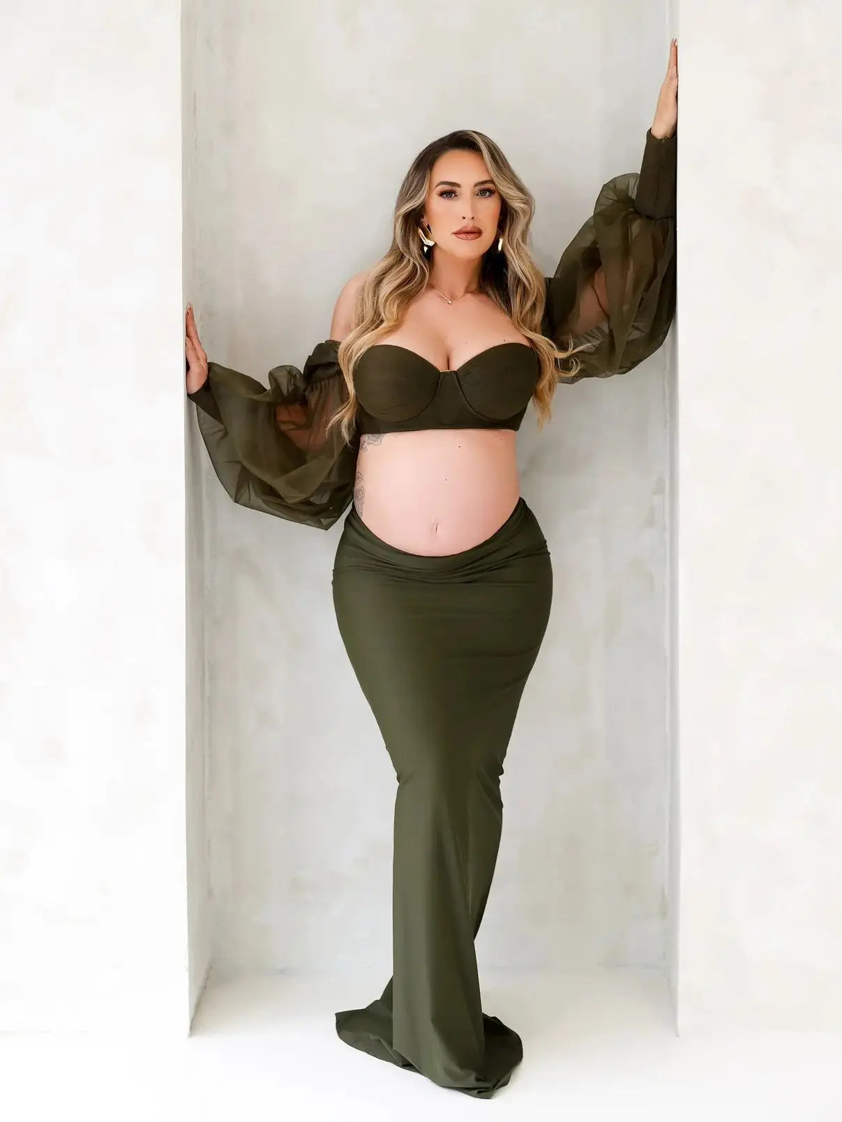 MQTIME  -  Blackish Green Tulle Maternity Photography Dress Set Off-shoulder Plus Size Sexy Pregnancy Gown for Women Photoshoot 2024