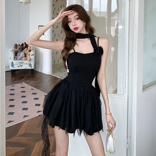 nvxiot  -  Hanging neck dress for women in 2024 summer new backless patchwork bra mesh irregular skirt pure desire spicy girl trend