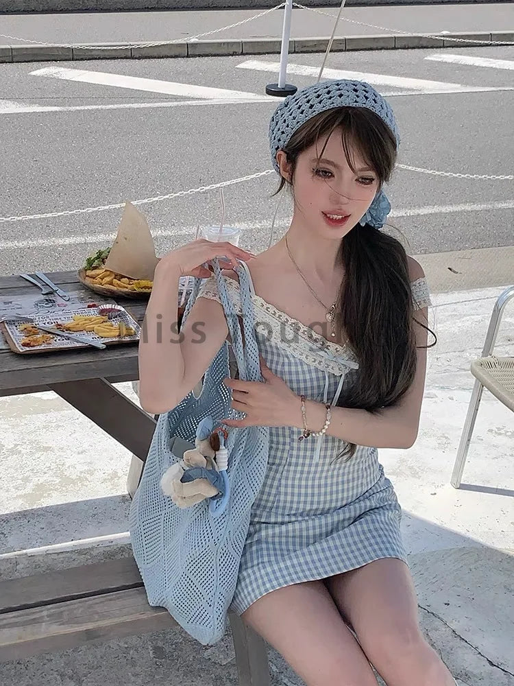 nvxiot Stylish Japanese Plaid Kawaii Strap Dress Women Lace New Korean Casual Y2K Mini Dress Female V-neck High Waist Cute Clothes 2024 Summer