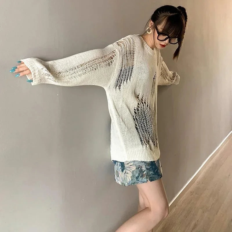 nvxiot  -  Oversized Sexy Hole Sweaters Loose Casual O-neck Knitted Solid Korean Fashion Black Chic Daily Trendy Long Sleeve Pullovers Tops