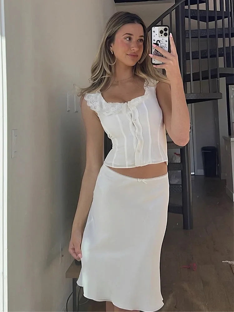 nvxiot White Lace Summer Women Set Sleeveless Crop Top+midi Skirt Outfits 2024 Beach Holiday Chic Vintage Sundress Dress Set