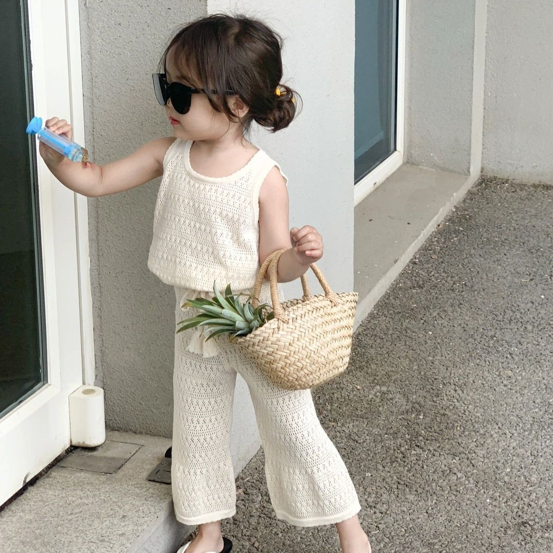 nvxiot 2-11Y Girl's Clothing Set 2023 Summer Korean Thin Knitted Girl's Set Hollow knit Breathable Vest + Wide Leg Pants Two-piece Suit