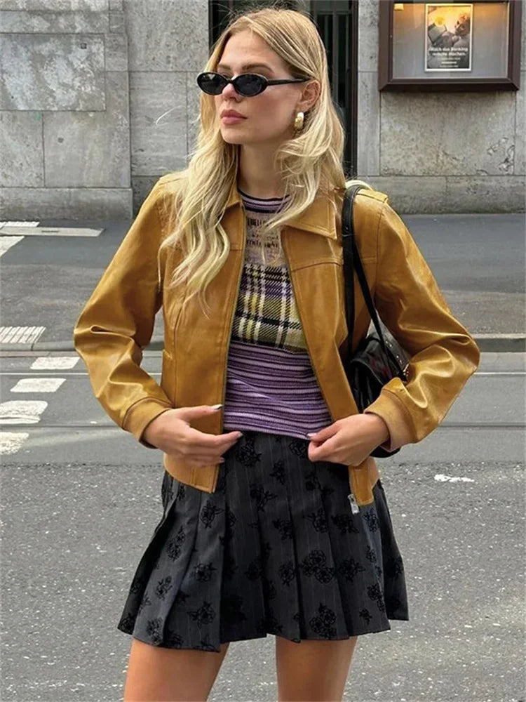 nvxiot  -  PU Vintage Patchwork Jackets Coat Female Lapel Long Sleeve Zipper Cropped Loose Streetwear Women's Autumn 2024 Outwear New