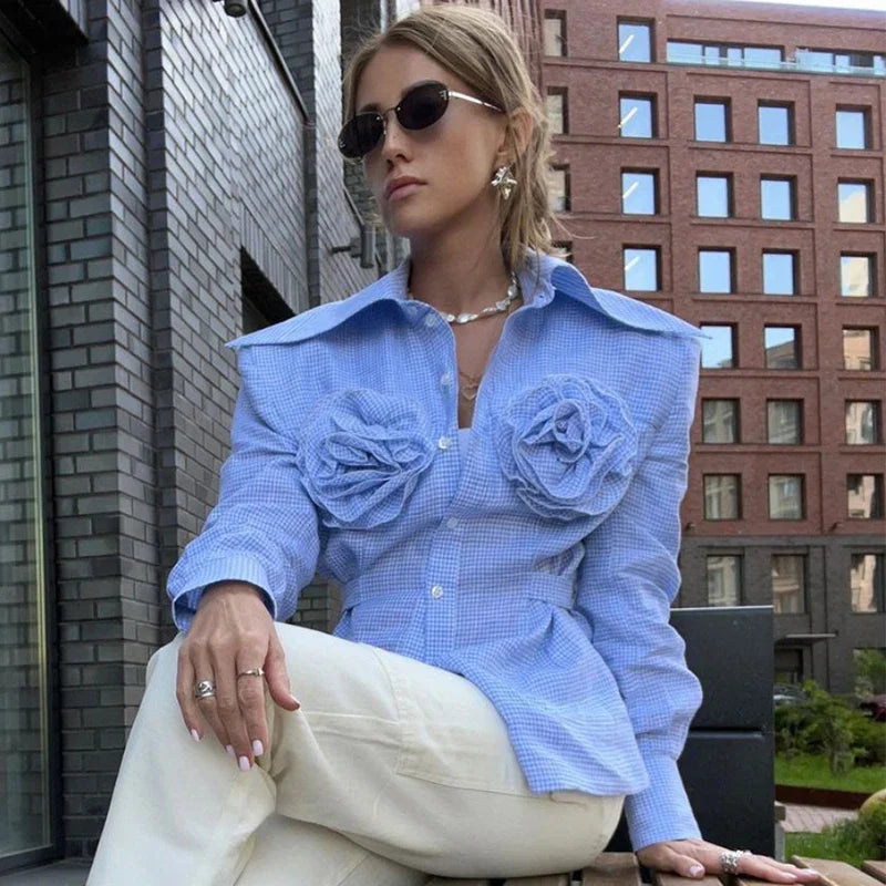 nvxiot Fashion Button -Up With Three-Dimensional Flower Shirts & Blouses Streetwear Long Sleeve Plaid Full Shirt Women Chic Tops