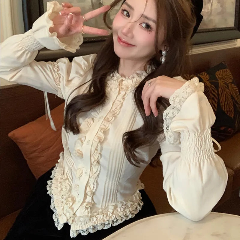 nvxiot Victorian Elegant Lolita Blouses Women Sweet Lace Ruffles Bandage Puff Long Sleeve Shirts Korean Fashion Slim Vintage Gothic Top