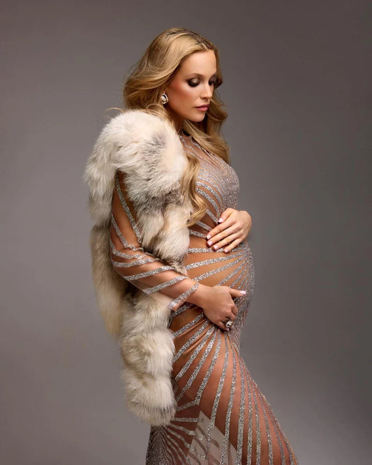 MQTIME  - Maternity Photoshoot Dress for Baby Shower Women Sexy Long Sleeve Rhinestone Sheer Mesh Maxi Dress with Side Slit Formal Shoot