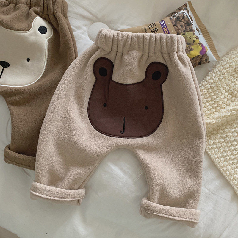 Autumn Winter Baby Boy Pants Children Cartoon Bear Velvet Thick Fleece Harem Pants Warm Kids Infant Trainers Casual Pant Clothes