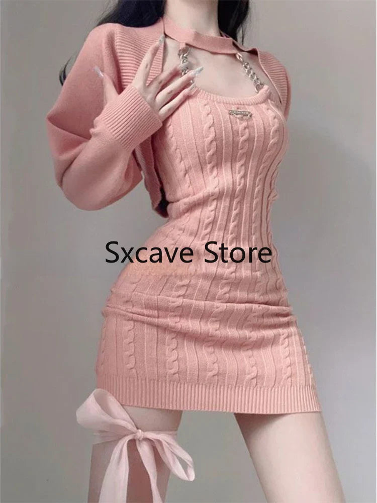 nvxiot 2024 Autumn Pink Knitted Suits Office Lady Casual Y2k Crop Tops + Mini Dress Korea Fashion Clothing Even Party 2 Piece Dress Set