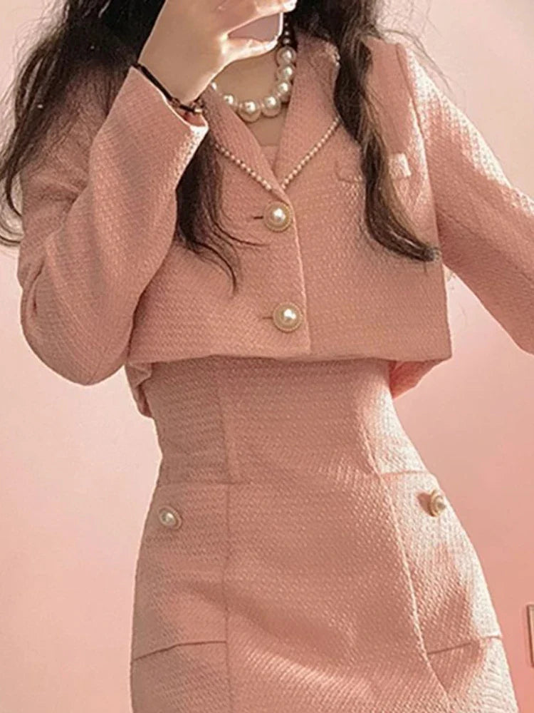 nvxiot-Autumn Pink Elegant Two Piece Set Women Korean Style Balzer Coat+Strap Mini Dress Set Female Solid Casual Slim Designer Set 2024