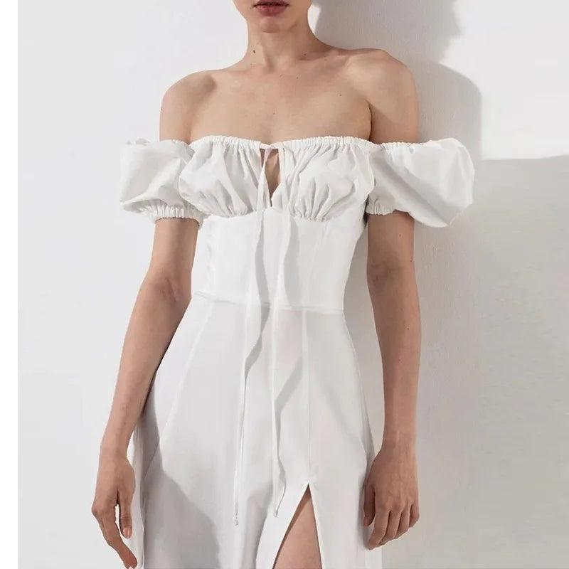 MQTIME  -  White Sexy Backless Lace Up Dress Women Puff Sleeve Slim Short Sleeve Dress Summer Cottagecore Solid Colors A Line Dresses