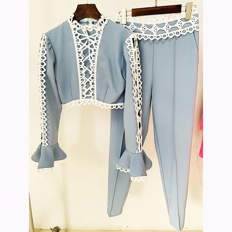 nvxiot Newest Designer Suit Set Women's Flare Sleeve Hollow Out Lace Trimmed Tops Blouse Pencil Pants Set