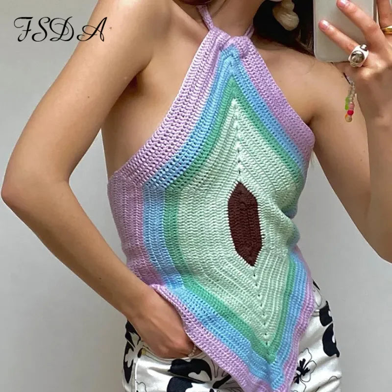 nvxiot  -  Summer Patchwork Knitted Cropped Top Ladies Halter Neck Y2K Halter  New Green T-shirt Casual Party Sleeveless Sexy Vest