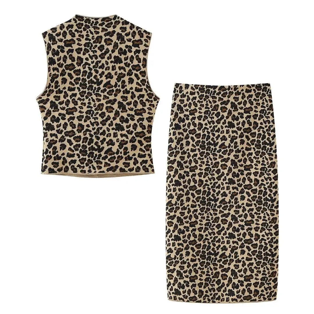 MQTIME  -   Women 2 Piece Set Chic Leopard Print Sexy Sleeveless Holiday Slim Bustier Crop Top+2024 High Waist Midi Skirt