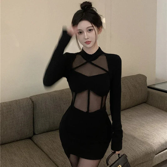 nvxiot-CLUB OUTFITS Long Sleeve Dresses Women Halter Elegant Black Sexy Slit Fashion Skinny Spring Hotsweet Sheer European Style Ankle-length Party