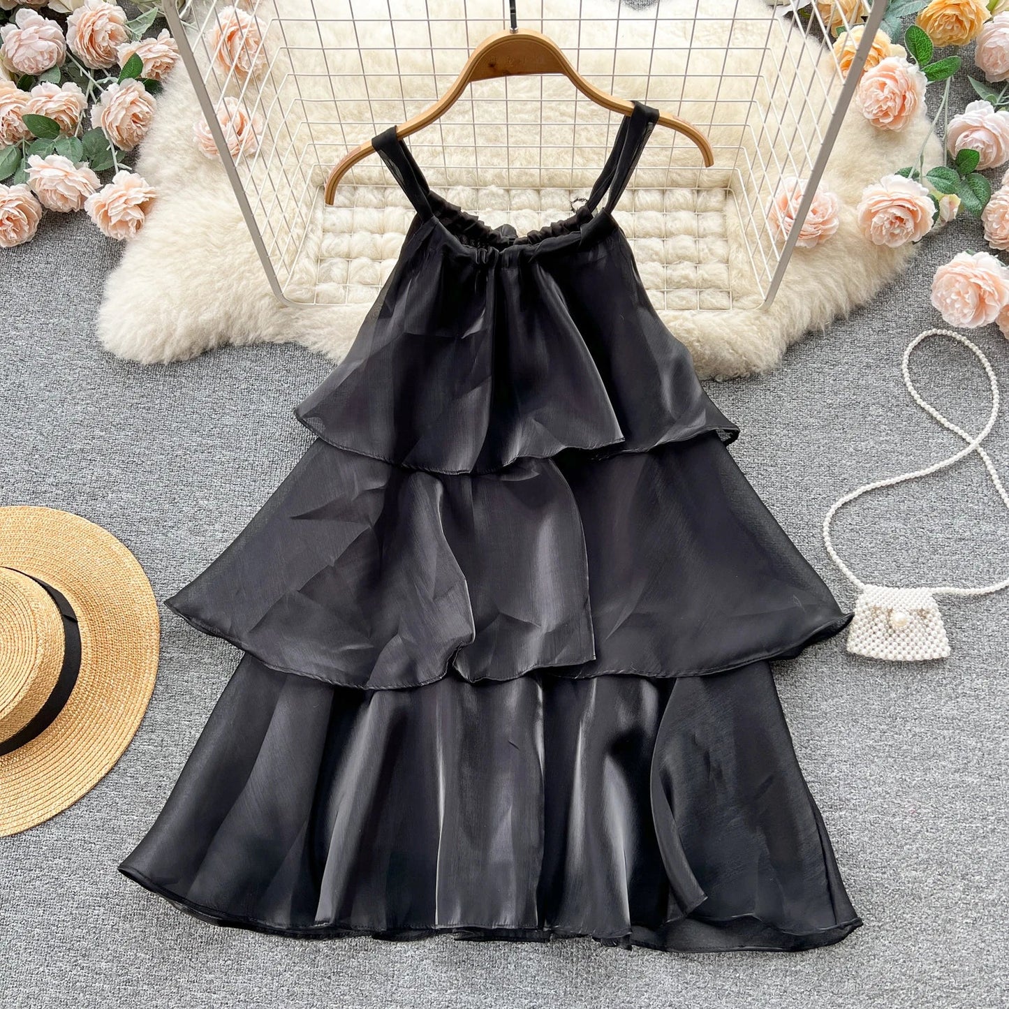 MQTIME  -  Holiday Sweet Organza Gauze Gentle Style Ruffled Halter Dress Women Sleeveless Loose Strap Short Dress Summer Beach Mini Dress