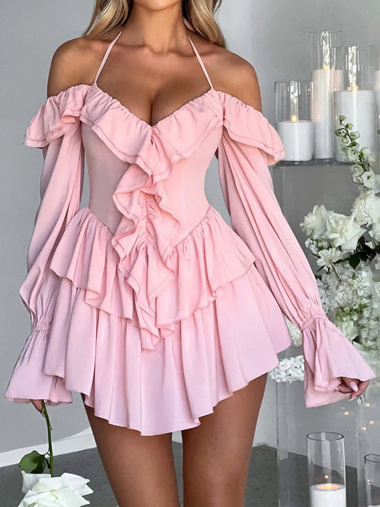 nvxiot -  luxury Tiered Ruffle Dress Boho Women boho Long Sleeve Halter Neck Pleated Mini Dress Flower Party Dresses