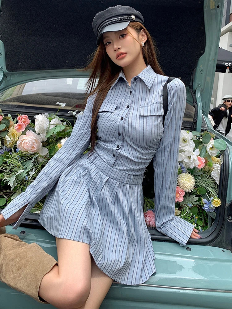 nvxiot-Elegant Vintage Blue Striped Women Mini Dresses Autumn Fashion 2023 New Pleated Long Sleeve Holiday Party Shirt Dress Korean