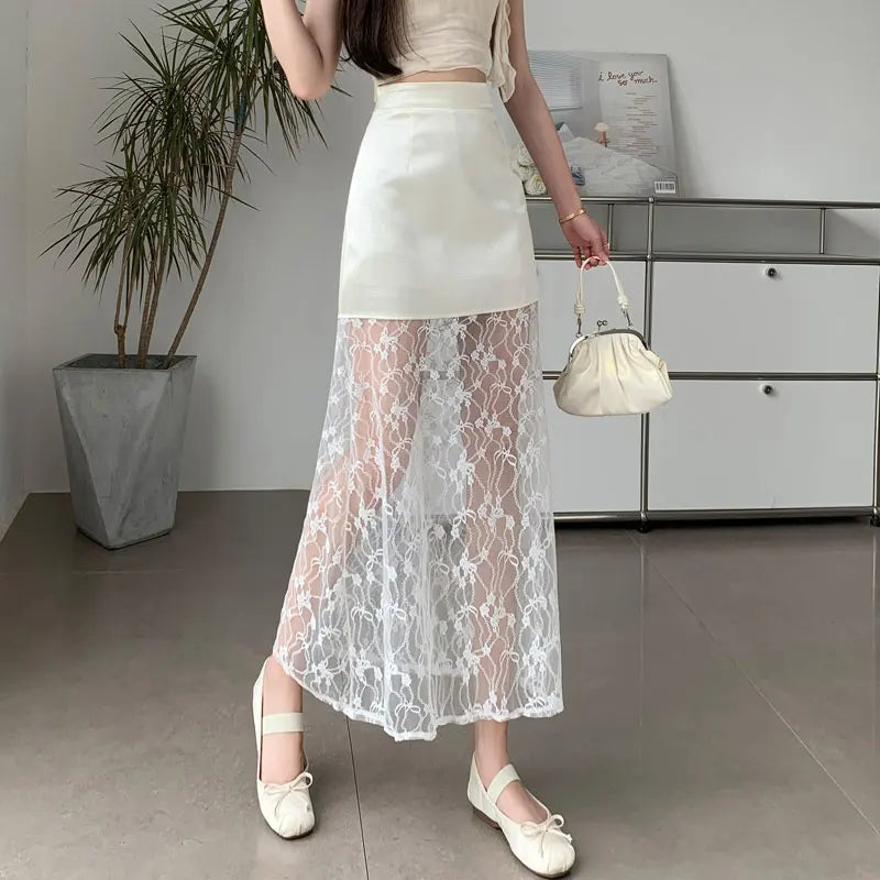 nvxiot  -  2024 Summer Commuter Korean Half Skirt High Waist Lace Slim Hook Flower Style New Solid Color Sexy Long Skirt for women