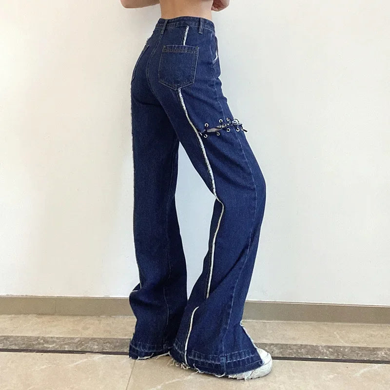 MQTIME  -  Blue Denim Trousers Women Harajuku Sexy Bandage Hollow Out Jeans Pants Patchwork Split Street Aesthetic Capris Full Length 2024