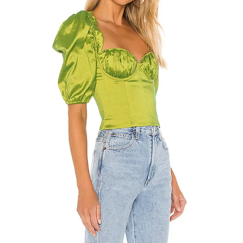 nvxiot  -  Vintage Green Puff Sleeve Sexy Shirts Women 2024 Summer Party Club Wear Cropped Streetwear Fashion 2000s Short Blouse Aesthetic