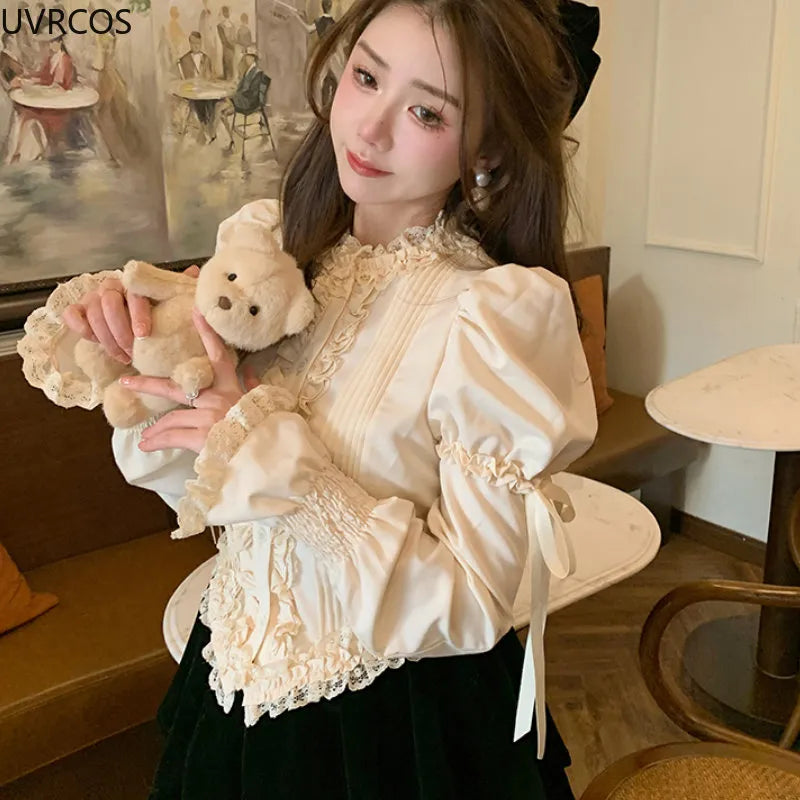 nvxiot Victorian Elegant Lolita Blouses Women Sweet Lace Ruffles Bandage Puff Long Sleeve Shirts Korean Fashion Slim Vintage Gothic Top