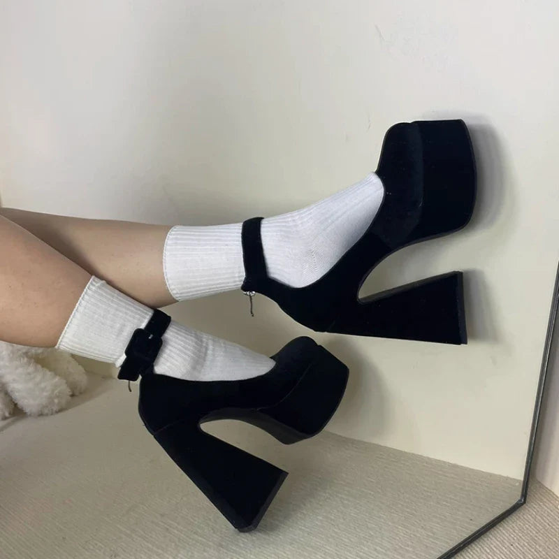 nvxiot  - 2024 New Spring Waterproof Platform Super High Heels Suede Thick Bottom Mary Jane Shoes Thick Heel Single Shoes Luxury Shoes