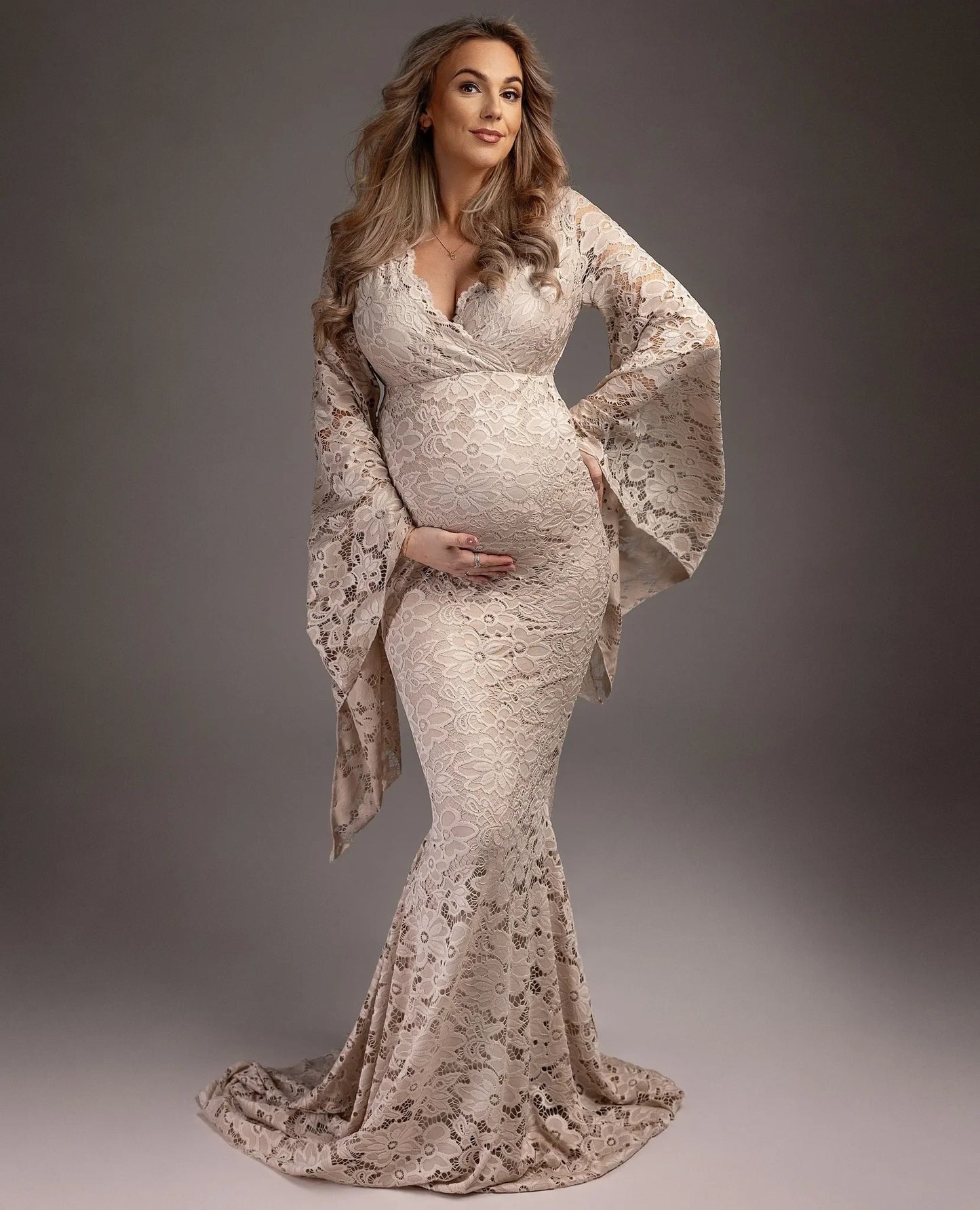 nvxiot  -  Mermaid Women Prom Dresses Sexy V Neck Full Lace Maternity Photography Robes Long Sleeves Floor Length Pregnant Women Gowns