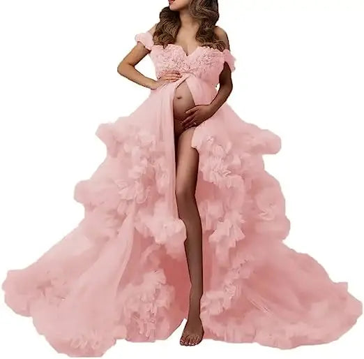 MQTIME  -   Sexy Maternity Gowns Photoshoot V Neck Ruffles A Line Sweep Train Tulle Pregnant Women Maternity Dresses for Photo Shoot