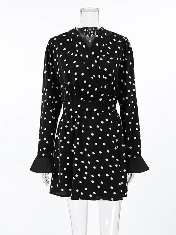 MQTIME  -  2024 Autumn Winter Women Elegant Polka Dot Mini Dress V-neck Black Long Sleeve Flare Mini Dress For Women