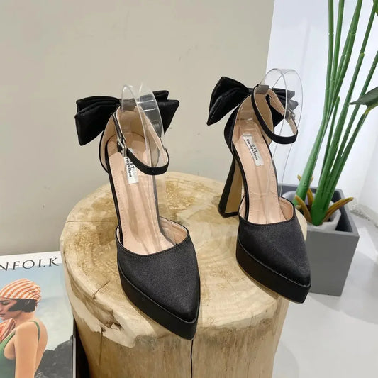 MQTIME - New Bowknot Pointed Toe Platform Women Sandals Summer Buckle Strap Stripper Party Thin High Heel Shoes Sexy Female Pumps