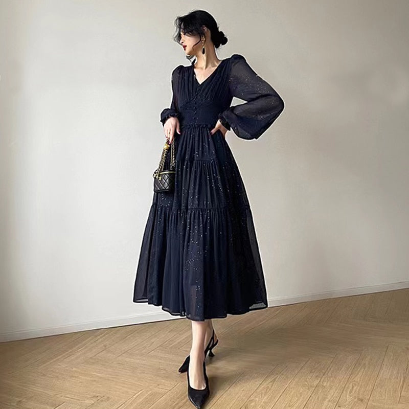 nvxiot  New Spring Summer Clothing Elegant Designer Dresses For Women V Neck Long Sleeved High Waist Big Swing Dress