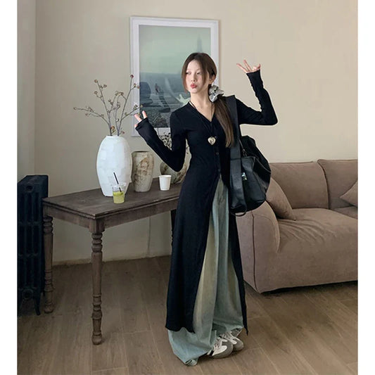 nvxiot Streetwear Black Midi Dress Women Y2K V Neck Tunic Robe Korean Fashion Long Sleeve Slim All Match One Pieces Dresses New